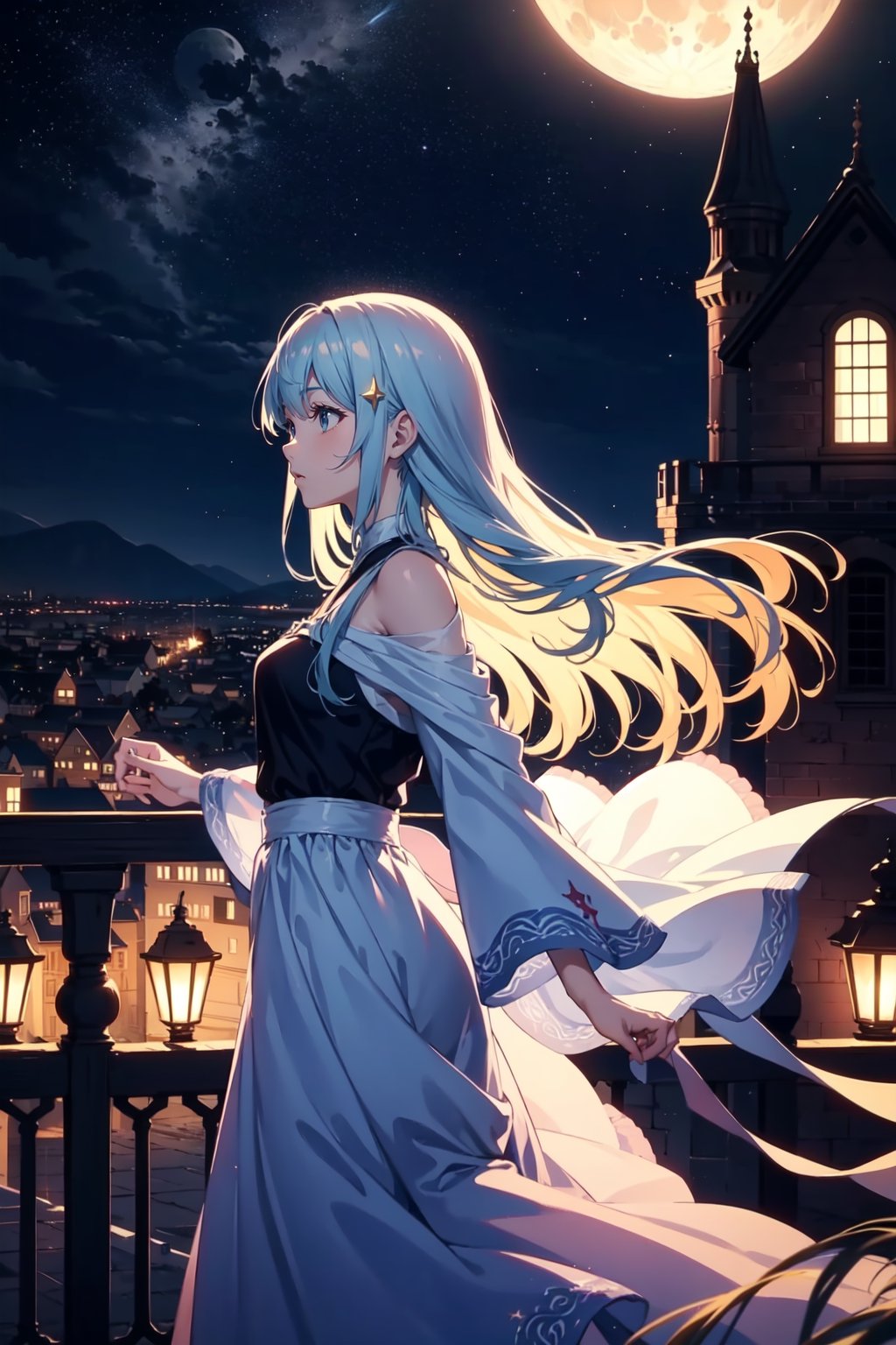 "A beautiful anime girl, with long, flowing hair, standing on the balcony of a castle at night, the moon shining brightly, illuminating her features, the sky above filled with countless stars, creating a serene and magical atmosphere, 8K, photorealistic and highly sophisticated details",Movie Still