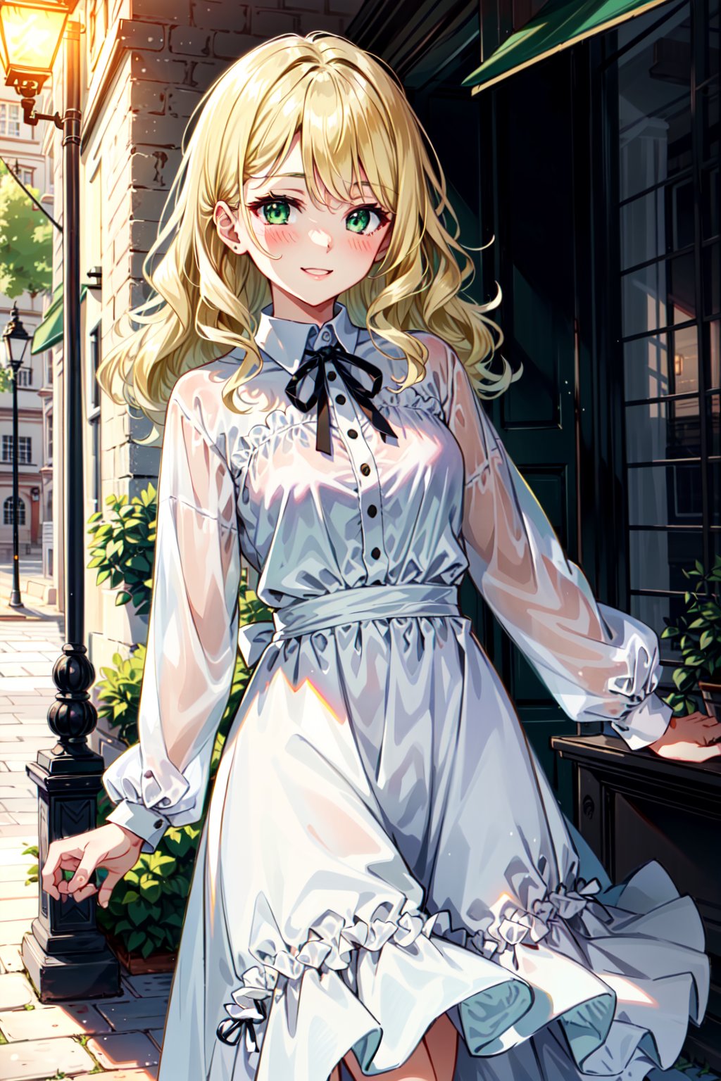 ( girl with blonde hair, wavy medium hair, green eyes, medium chest), white dress, black ribbon in neck, long white sleeves, smiling, blushing, london, standing, summer,