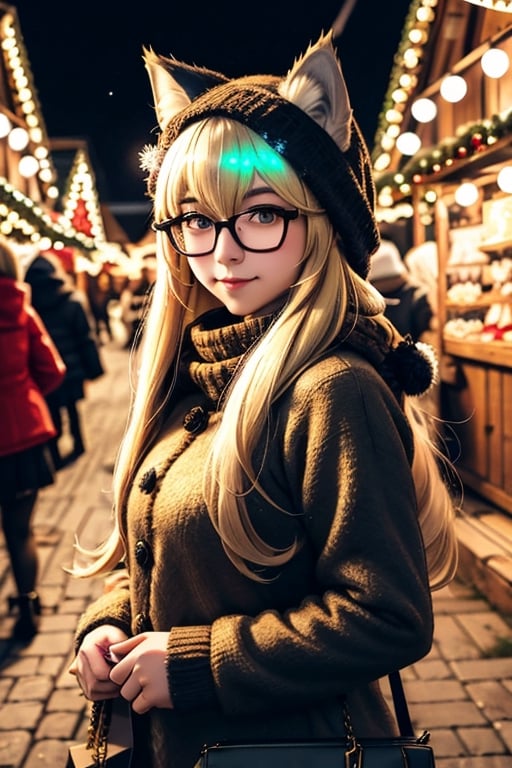 A wolf neko girl with blonde long hair, browne eye and glasses in Christmas clothing at the cold night in a Village christmas market