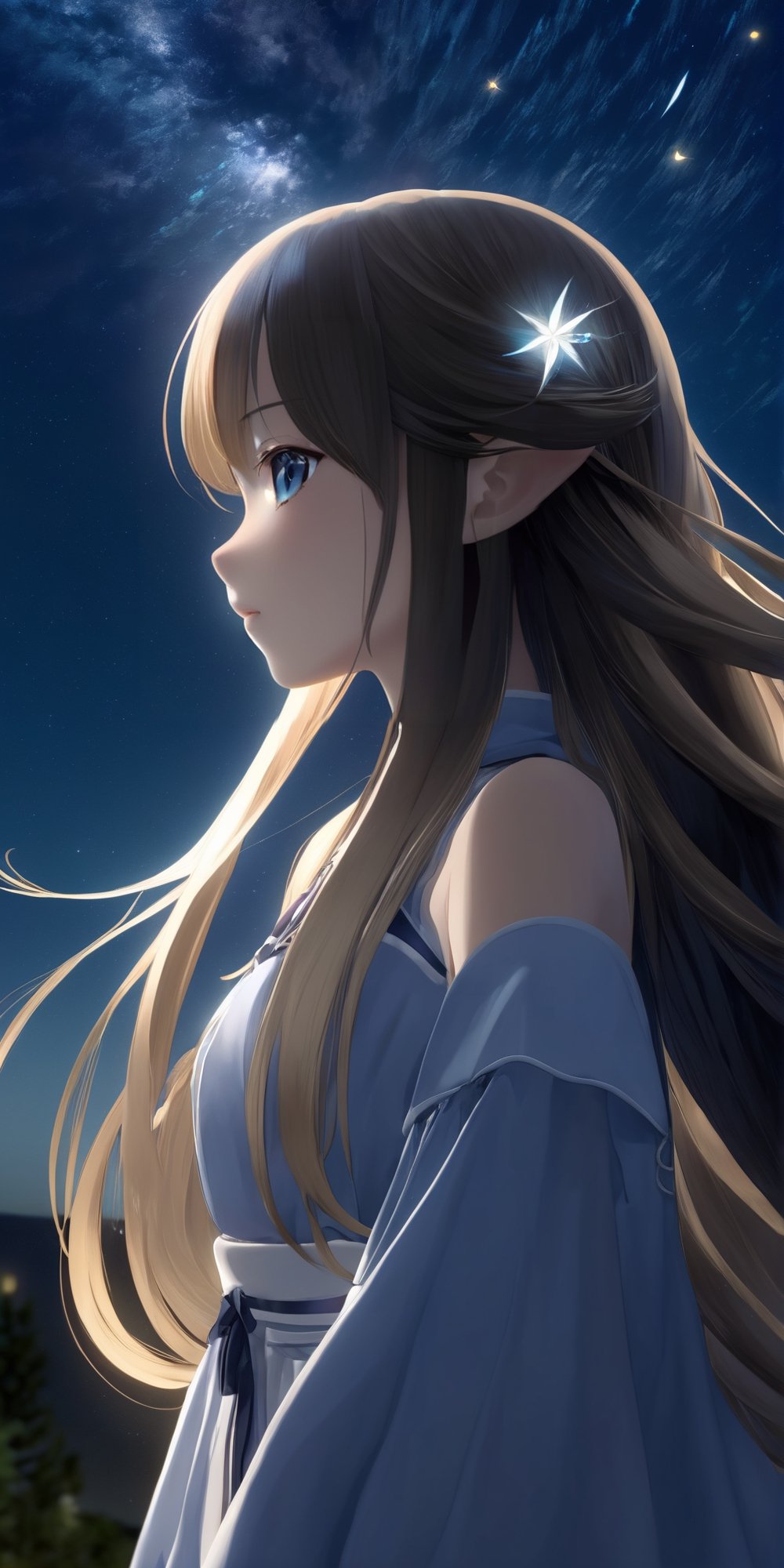 Positiv prompt:
"A graceful and beautiful anime girl, with long and lustrous hair, standing alone outside at night and gazing up at the clear and starry sky, the moonlight sparkling in her hair, the wind gently blowing through her hair, a calm and peaceful atmosphere, a stunningly gorgeous scene, 8K, photorealistic and highly sophisticated details