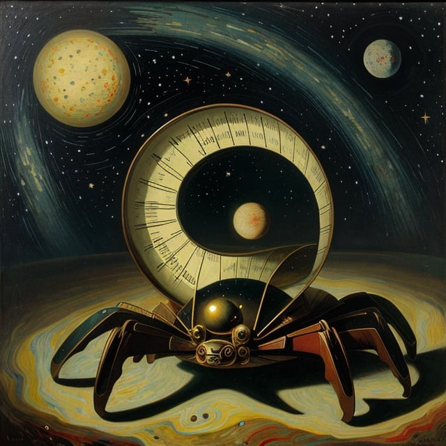 Zodiac sign Cancer, represented by a detailed crab, amidst an astral backdrop of stars and galaxies, gentle cosmic light illuminating the scene, a sense of profound tranquility and mystery, starlight gleaming on the crab's shell, In the style of Alphonse Mucha & Van Gogh, Oil on canvas, late 19th century, --parameter 30 chaos, --parameter 700 stylize,