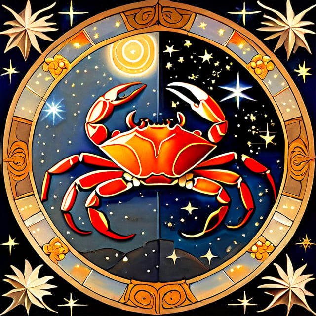 Zodiac sign Cancer, represented by a detailed crab, amidst an astral backdrop of stars and galaxies, gentle cosmic light illuminating the scene, a sense of profound tranquility and mystery, starlight gleaming on the crab's shell, In the style of Alphonse Mucha & Van Gogh, Oil on canvas, late 19th century, --parameter 30 chaos, --parameter 700 stylize, --no urban cityscape & people,