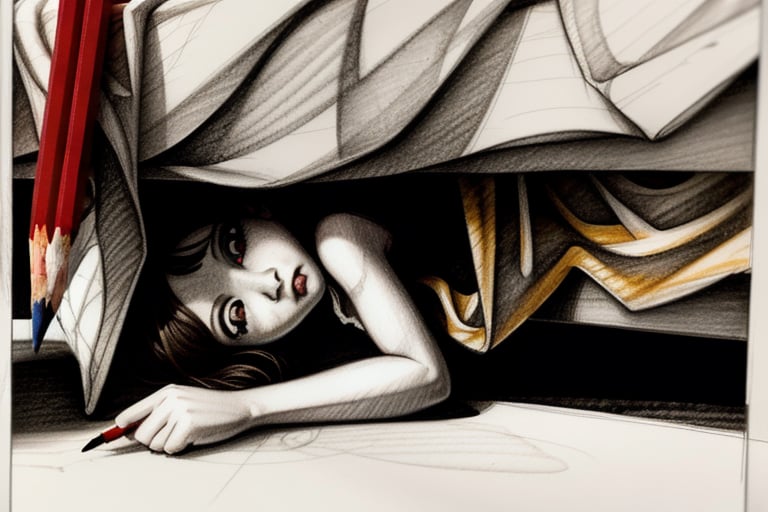 a pencil and charcoal sketch of the monster under the bed of a nine-year-old female, forbidden creepy mood, feminist art, tachisme, hyperrealism, sketch of a lucid dream, sansa, disney concept art, evanescence, inspired by Edward Sorel, by Peter de Seve, by Glen Keane, benjamin lacombe, creepy art