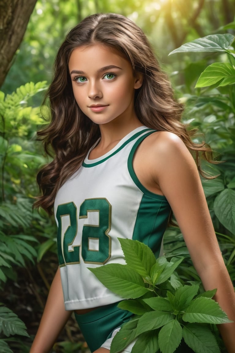 "Create a timeless AI art piece featuring a serene majestical scene of a beautiful brunette with bright green eyes and deep tan coloring young teen surrounded by lush foliage looking at the viewer, in a cheerleaders clothing, full body shown."
,fire element