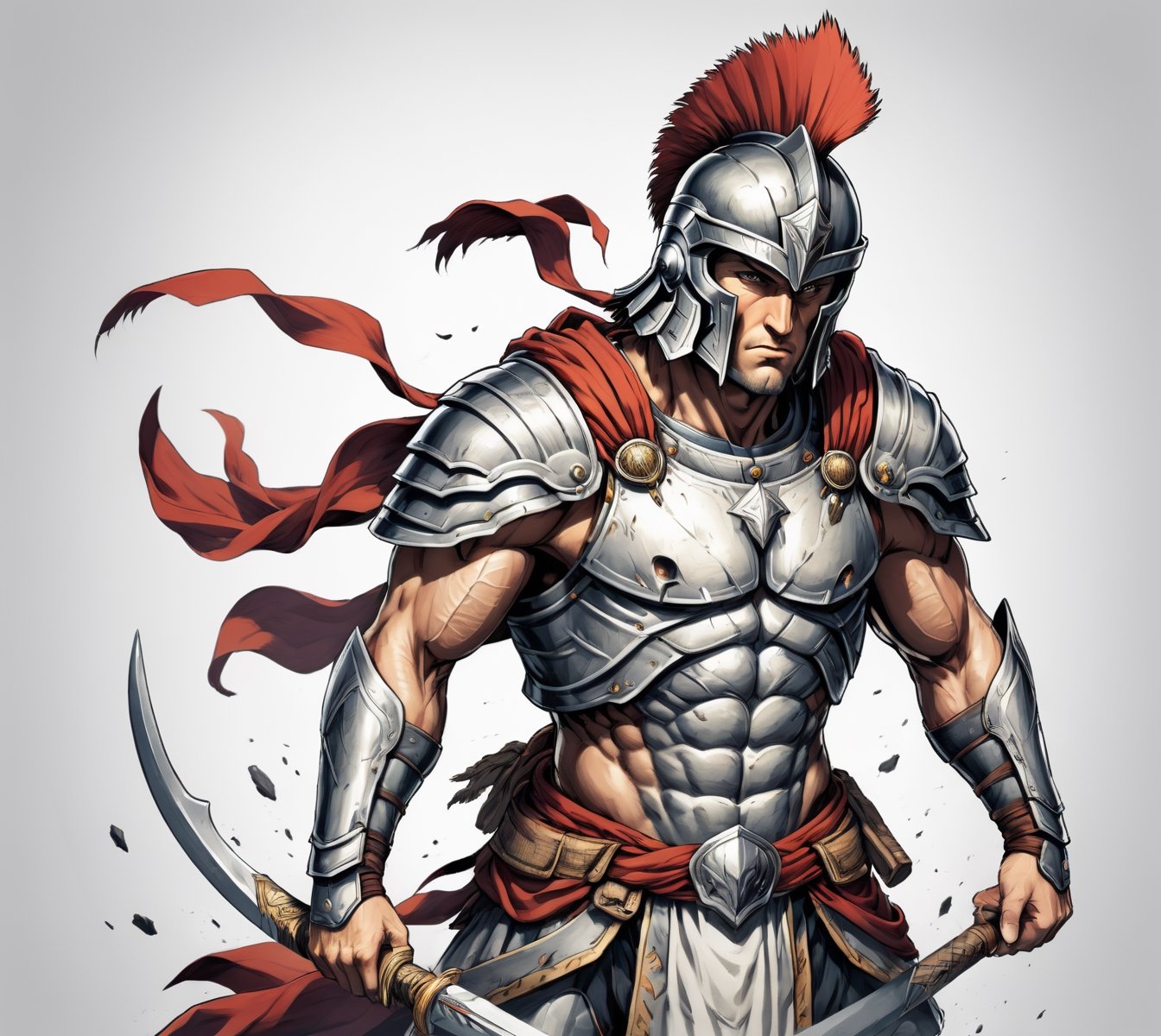 anime, spartan warrior, full view wide angle view, (centered on a white background), T-shirt design illustration, photo r3al, T-shirt design illustration, on a white background, more detail XL, 