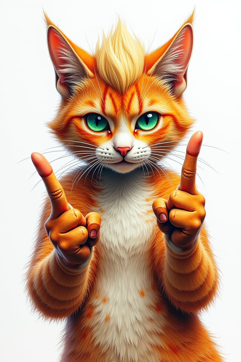 A vibrant, rough, and expressive color pencil sketch in a retro style, depicting a humanoid cat with two hands, proudly showcasing a defiant gesture, giving the middle finger. The cat's body is rendered in a mesmerizing blend of natural tones, while its eyes gleam with a piercing, emerald green. The hands, detailed and accurate and the cat is giveing the middle finger to the viewer, are drawn with bold lines and subtle shading, emphasizing the rebellious attitude. The background is a pristine white. The overall aesthetic is a fusion of psychedelic rock posters and modern comic book art, with bold, saturated colors and loose, dark expressive lines, the character with hair similar to Donald Trumps hair style with blonde hair on its head.