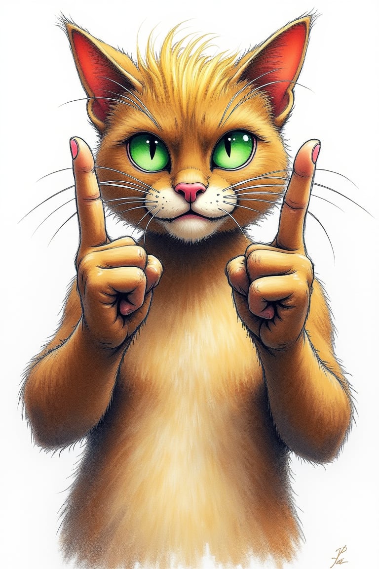 A vibrant, rough, and expressive color pencil sketch in a retro style, depicting a humanoid cat with two hands, proudly showcasing a defiant gesture, giving the middle finger. The cat's body is rendered in a mesmerizing blend of natural tones, while its eyes gleam with a piercing, emerald green. The hands, detailed and accurate, are drawn with bold lines and subtle shading, emphasizing the rebellious attitude. The background is a pristine white. The overall aesthetic is a fusion of psychedelic rock posters and modern comic book art, with bold, saturated colors and loose, dark expressive lines, the character with hair similar to Donald Trumps hair style with blonde hair on its head.