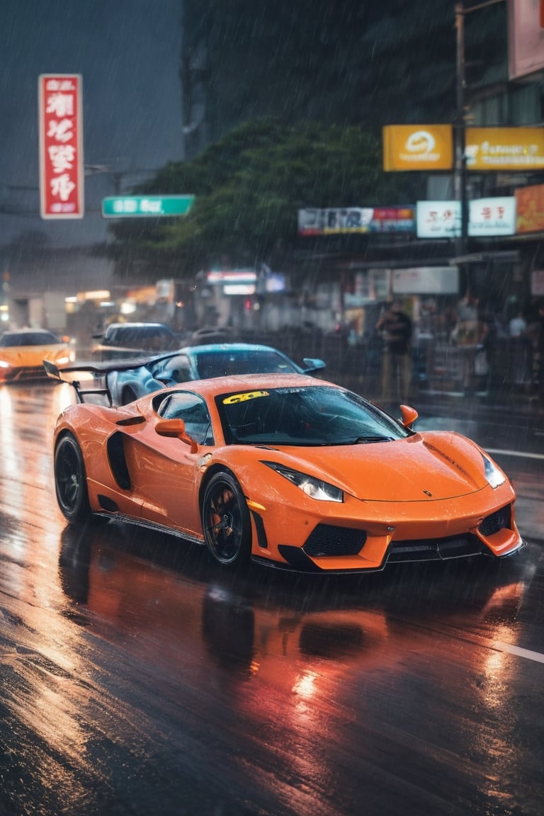 action art styling, A breathtaking, neon-drenched photograph of two exotic supercars engaged in a high-speed street race along a rain-slicked Japanese highway, with motion blur, tire burnout, with reflections of vibrant city lights dancing on their wet surfaces, encapsulating the adrenaline-fueled excitement of the night.
