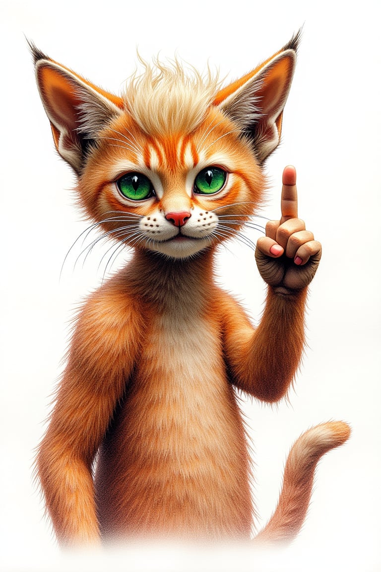 A vibrant, rough, and expressive color pencil sketch in a retro style, depicting a humanoid cat with two hands, proudly showcasing a defiant gesture, giving the middle finger. The cat's body is rendered in a mesmerizing blend of natural tones, while its eyes gleam with a piercing, emerald green. The hands, detailed and accurate and the cat is giveing the middle finger to the viewer, are drawn with bold lines and subtle shading, emphasizing the rebellious attitude. The background is a pristine white. The overall aesthetic is a fusion of psychedelic rock posters and modern comic book art, with bold, saturated colors and loose, dark expressive lines, the character with hair similar to Donald Trumps hair style with blonde hair on its head.