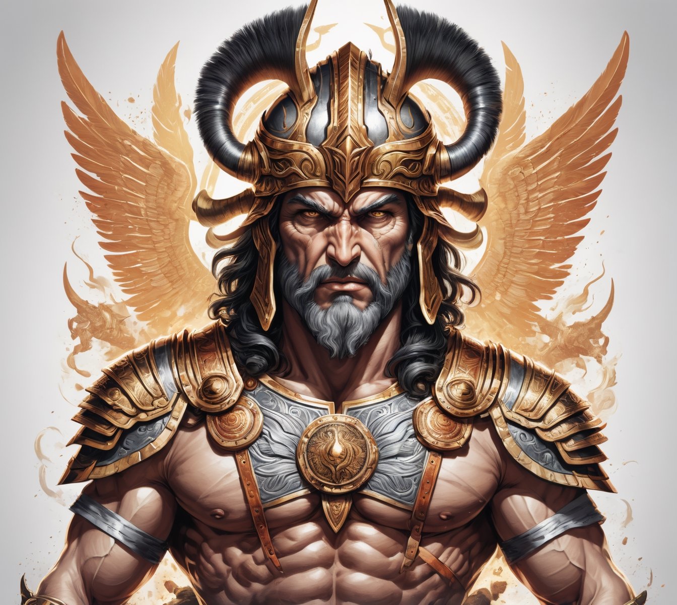 4k detail, god ares, full view wide angle view, (centered on a white background), T-shirt design illustration, photo r3al, T-shirt design illustration, on a white background, more detail XL, 