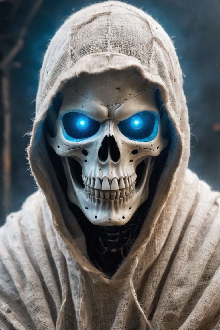 (full-length Post apocalyptic alien skull in a white burlap hood with blue glowing eyes, Post apocalyptic bg),