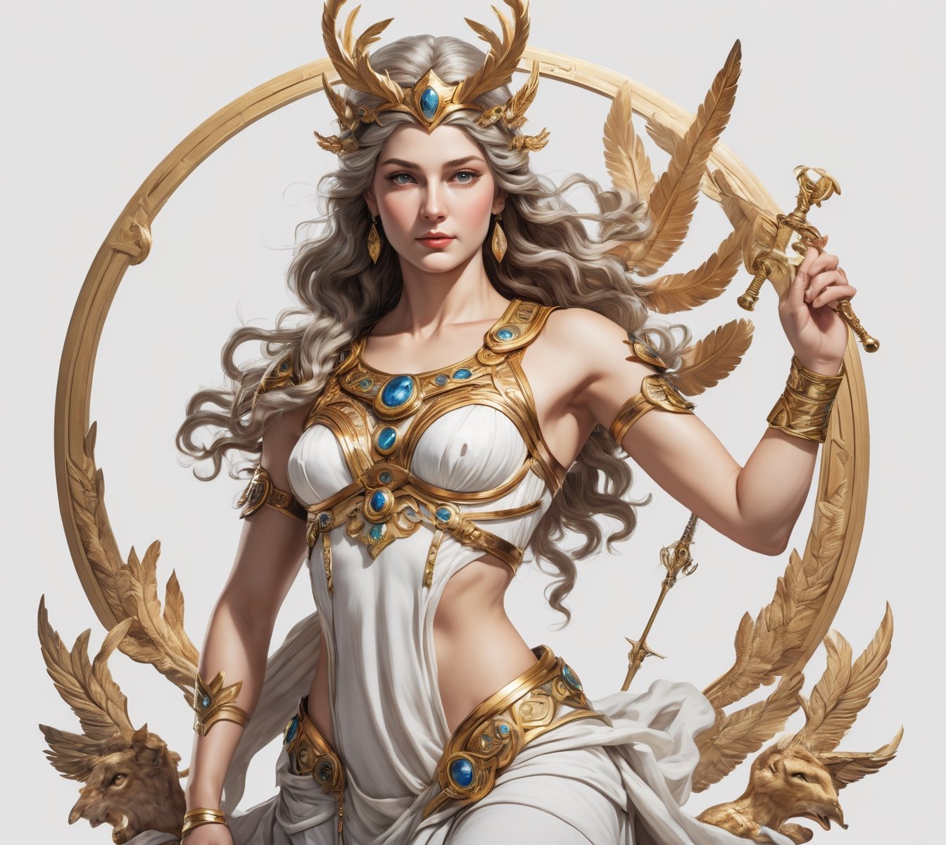 4k detail, goddess artemis, full view wide angle view, (centered on a white background), T-shirt design illustration, photo r3al, T-shirt design illustration, on a white background, more detail XL, 