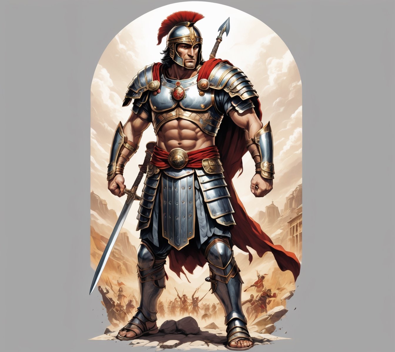 anime, roman warrior, full view ultra wide angle view, (centered on a white background), T-shirt design illustration, photo r3al, T-shirt design illustration, on a white background, more detail XL, 