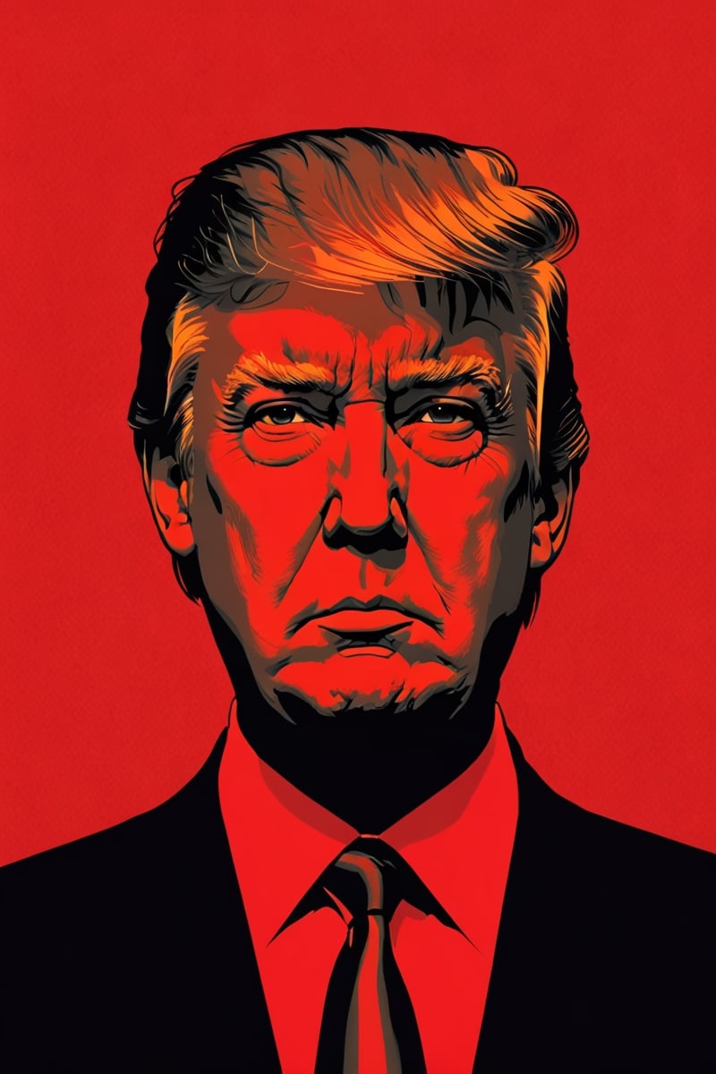 the black silhouette of Donald Trump in front of a red background, in the style of movie poster, stark minimalism, symmetry, silhouette