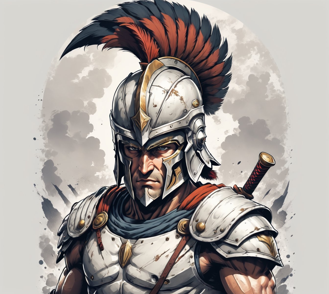 anime, spartan warrior, full view ultra wide angle view, (centered on a white background), T-shirt design illustration, photo r3al, T-shirt design illustration, on a white background, more detail XL, 