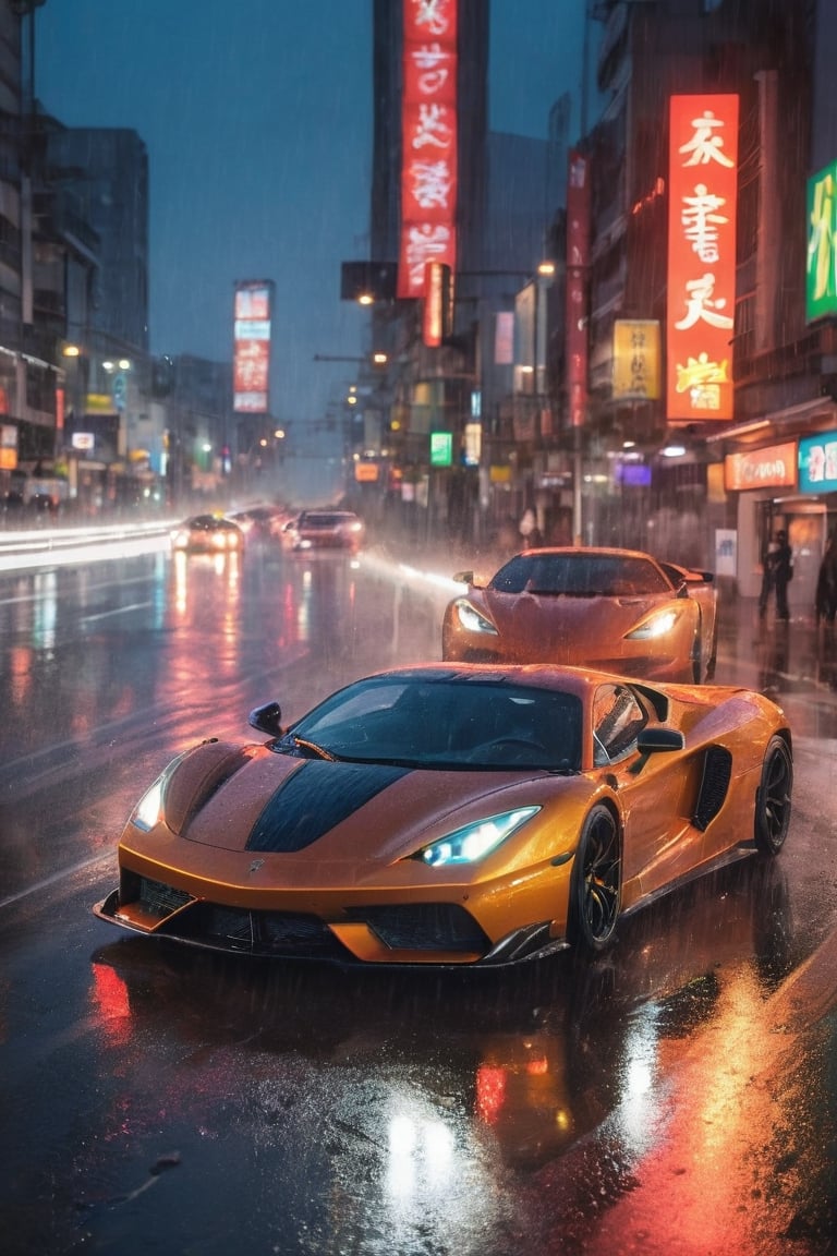 A breathtaking, neon-drenched photograph of two exotic supercars engaged in a high-speed street race along a rain-slicked Japanese highway, with motion blur, tire burnout, with reflections of vibrant city lights dancing on their wet surfaces, encapsulating the adrenaline-fueled excitement of the night.
