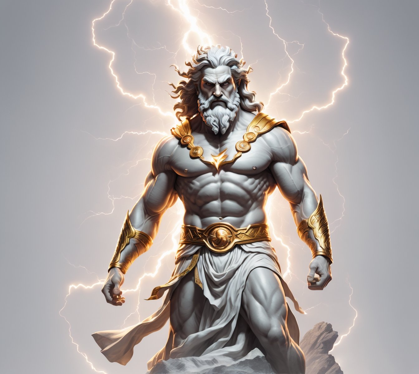 4k detail, god zeus, standing with a lightning bolt, full view wide angle view, (centered on a white background), T-shirt design illustration, photo r3al, T-shirt design illustration, on a white background, more detail XL, 