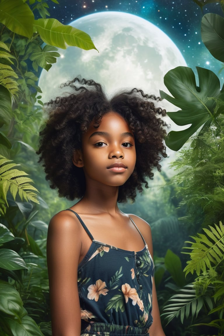 "Create a celestial style featuring a serene majestical scene of a beautiful young black teen with, teen surrounded by lush foliage looking at the viewer, in a full body shown." 
