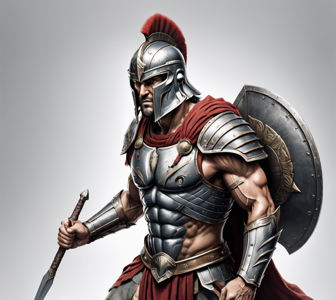 4k detail, spartan warrior, full view wide angle view, (centered on a white background), T-shirt design illustration, photo r3al, T-shirt design illustration, on a white background, more detail XL, 