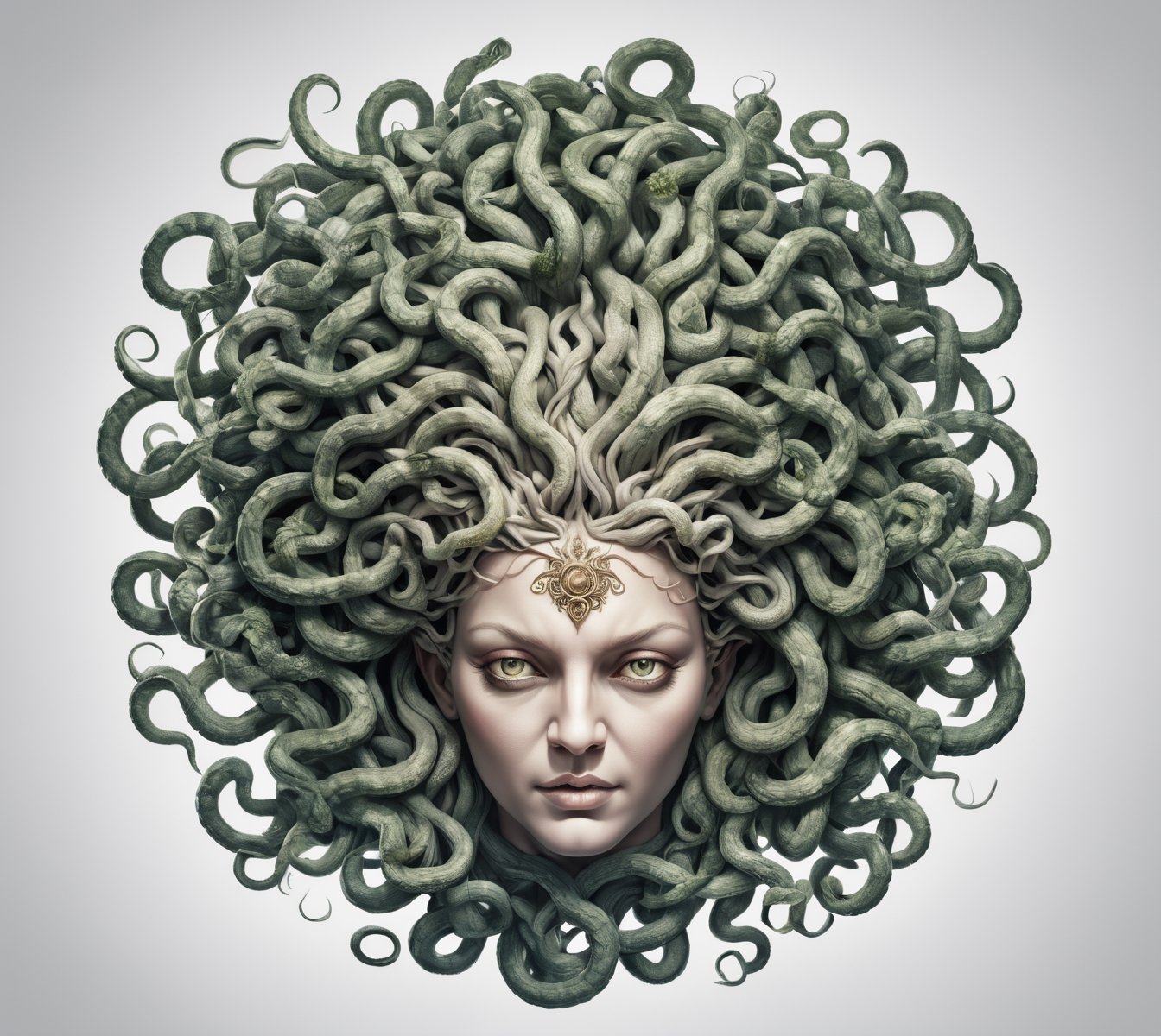 4k detail, medusa, full view wide angle view, (centered on a white background), T-shirt design illustration, photo r3al, T-shirt design illustration, on a white background, more detail XL, 