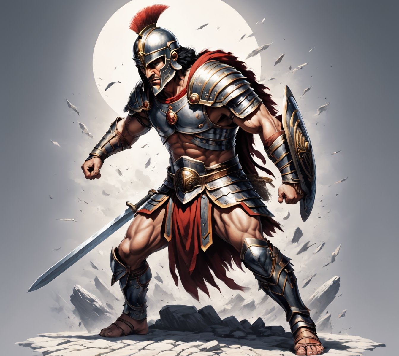 anime, gladiator warrior, full view ultra wide angle view, (centered on a white background), T-shirt design illustration, photo r3al, T-shirt design illustration, on a white background, more detail XL, 