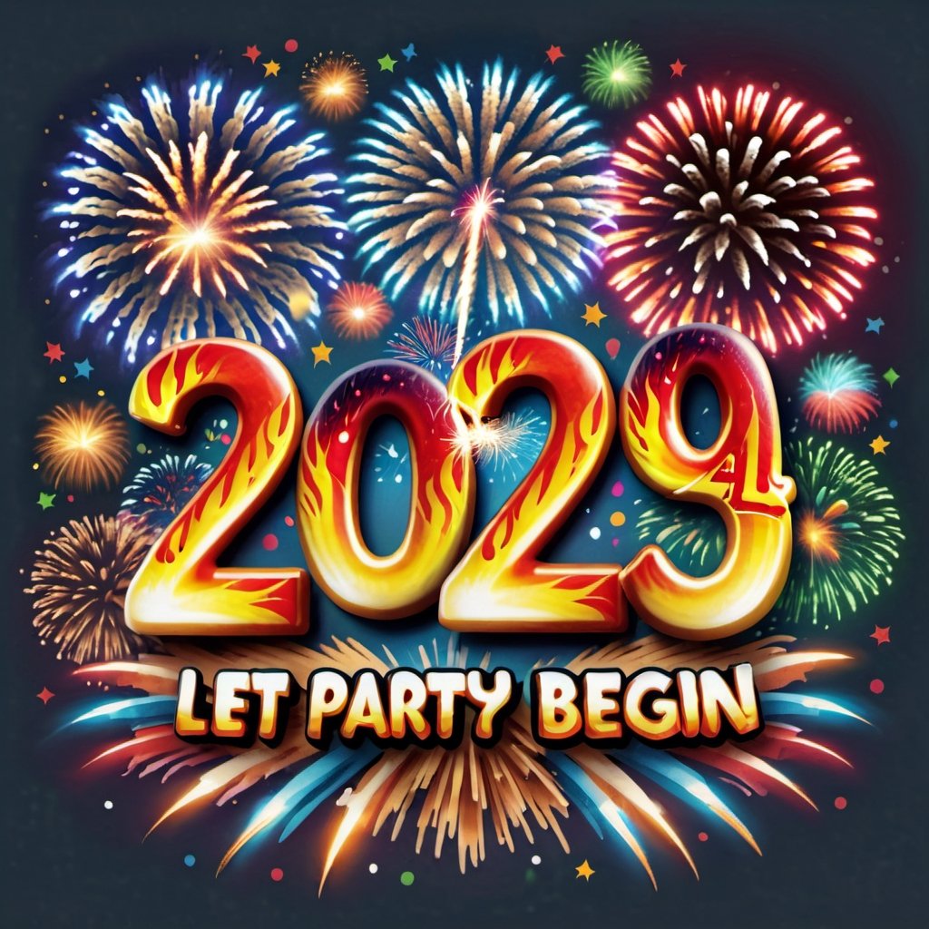 typography "2024 let the party begin" realistic flames, and fireworks