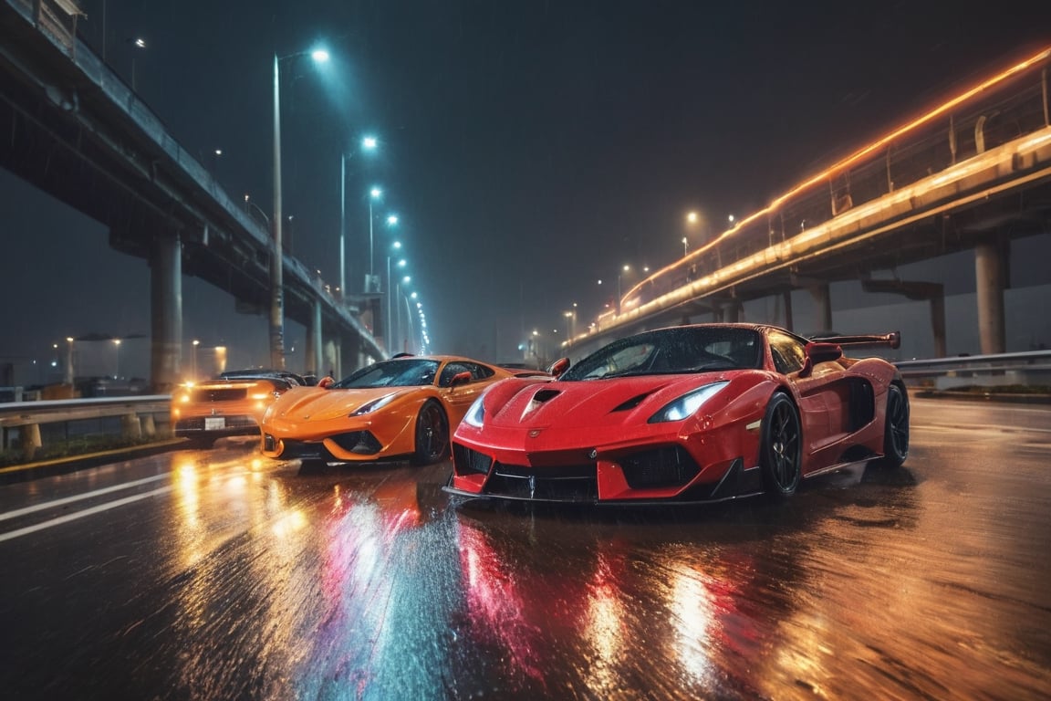 A breathtaking, neon-drenched photograph of two exotic supercars engaged in a high-speed street race along a rain-slicked Japanese highway, with motion blur, tire burnout, with reflections of vibrant city lights dancing on their wet surfaces, encapsulating the adrenaline-fueled excitement of the night.
