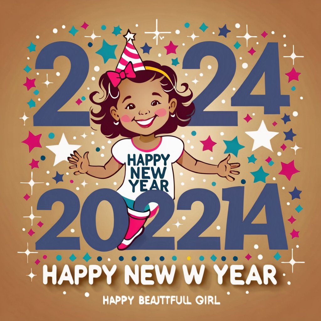 typography "2024 happy new year" on a beautiful girl