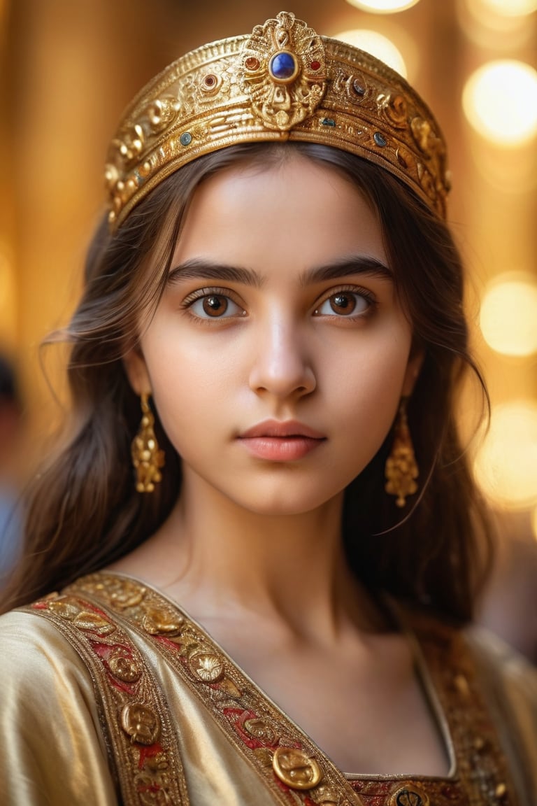 A portrait of a Byzantine style girl with golden background,front view,(masterpiece, top quality, best quality, official art, beautiful and aesthetic:1.2), (1girl:1.4), portrait, extreme detailed, highest detailed, simple background, 16k, high resolution, perfect dynamic composition, bokeh, (sharp focus:1.2), super wide angle, high angle, high color contrast, medium shot, depth of field, blurry background,,itacstl