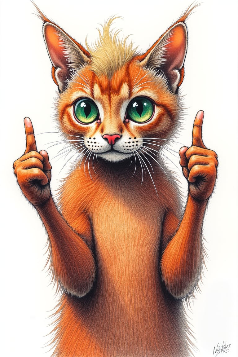 A vibrant, rough, and expressive color pencil sketch in a retro style, depicting a humanoid cat with two hands, proudly showcasing a defiant gesture, giving the middle finger. The cat's body is rendered in a mesmerizing blend of natural tones, while its eyes gleam with a piercing, emerald green. The hands, detailed and accurate and the cat is giveing the middle finger to the viewer, are drawn with bold lines and subtle shading, emphasizing the rebellious attitude. The background is a pristine white. The overall aesthetic is a fusion of psychedelic rock posters and modern comic book art, with bold, saturated colors and loose, dark expressive lines, the character with hair similar to Donald Trumps hair style with blonde hair on its head.