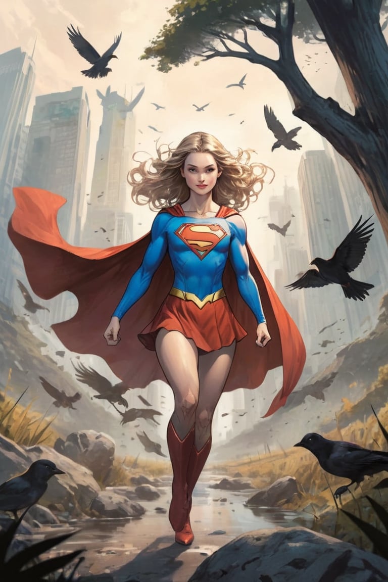  ink art with a supergirl centered in the image, wildlife scene to match, accurate details