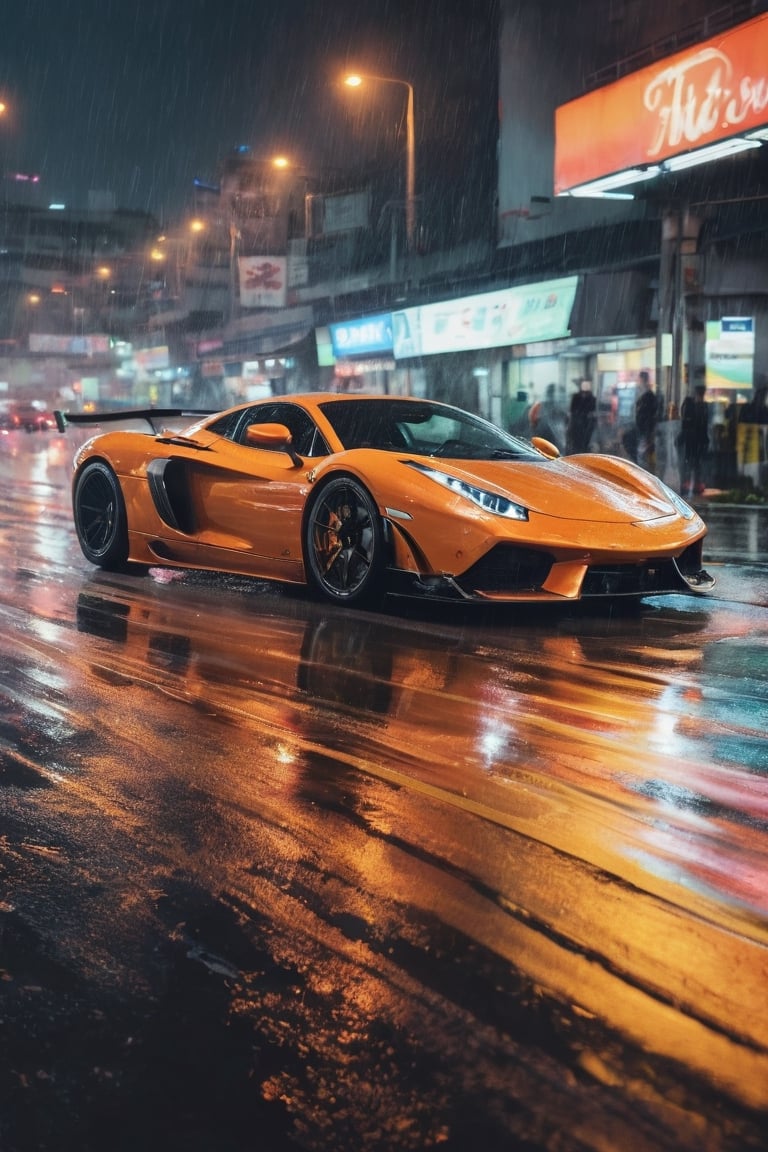 action art styling, A breathtaking, neon-drenched photograph of two exotic supercars engaged in a high-speed street race along a rain-slicked Japanese highway, with motion blur, tire burnout, with reflections of vibrant city lights dancing on their wet surfaces, encapsulating the adrenaline-fueled excitement of the night.
