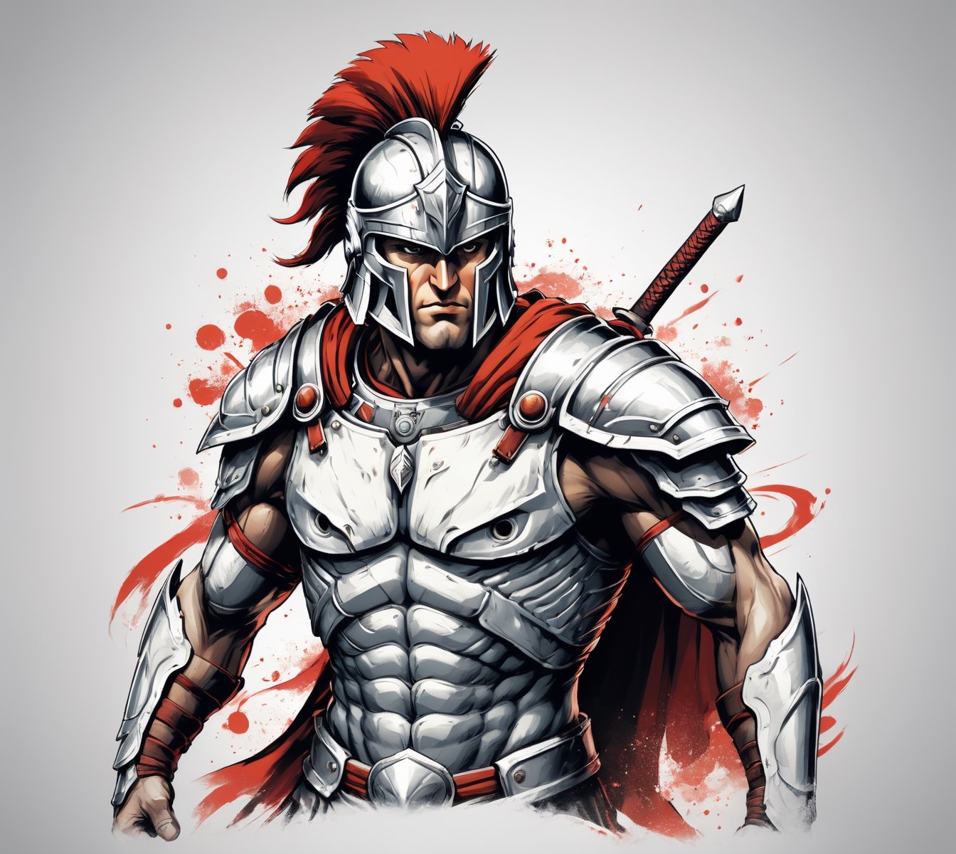 anime, spartan warrior, full view ultra wide angle view, (centered on a white background), T-shirt design illustration, photo r3al, T-shirt design illustration, on a white background, more detail XL, 