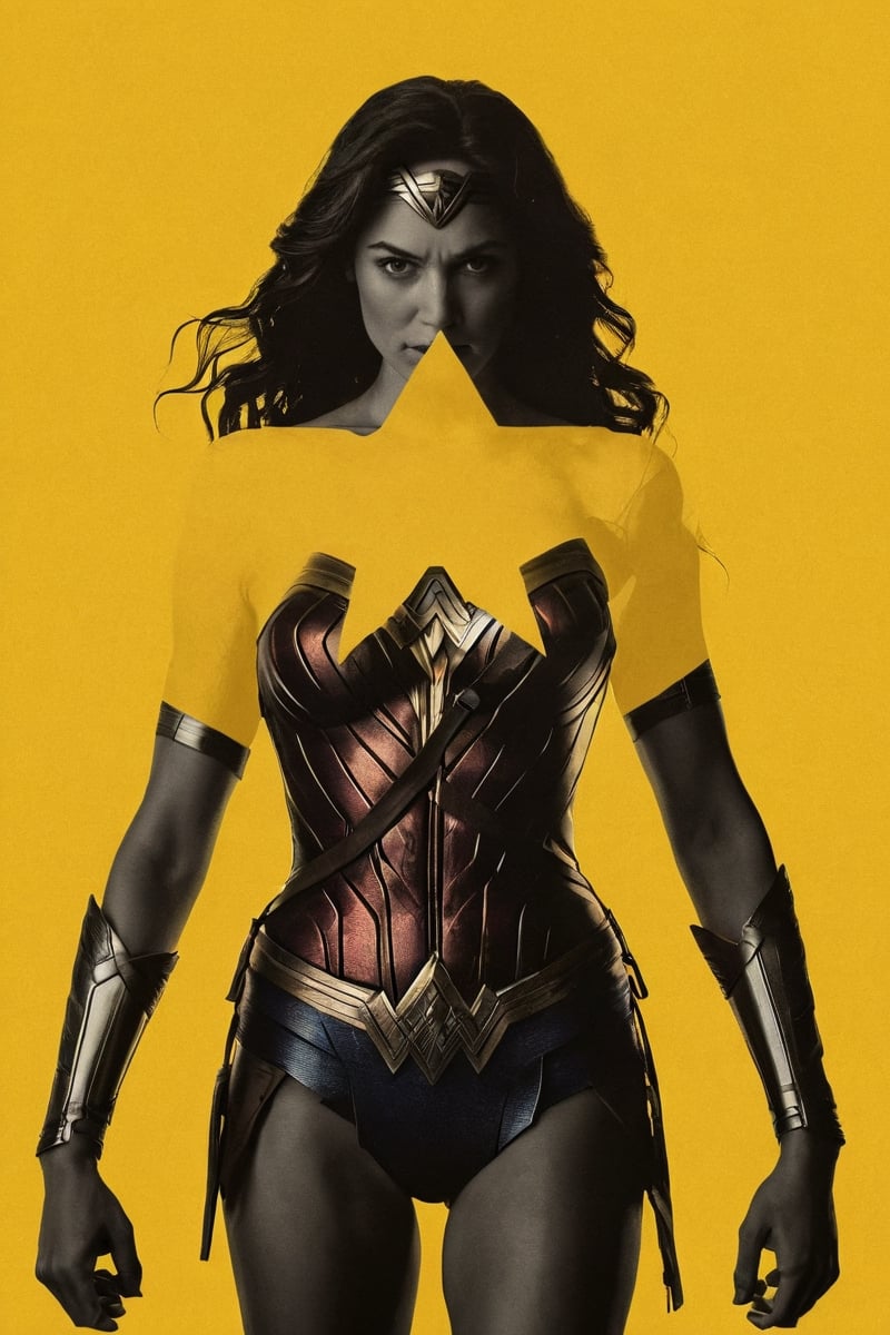 the black silhouette of wonder woman in front of a yellow background, in the style of movie poster, stark minimalism, symmetry, silhouette,Text 