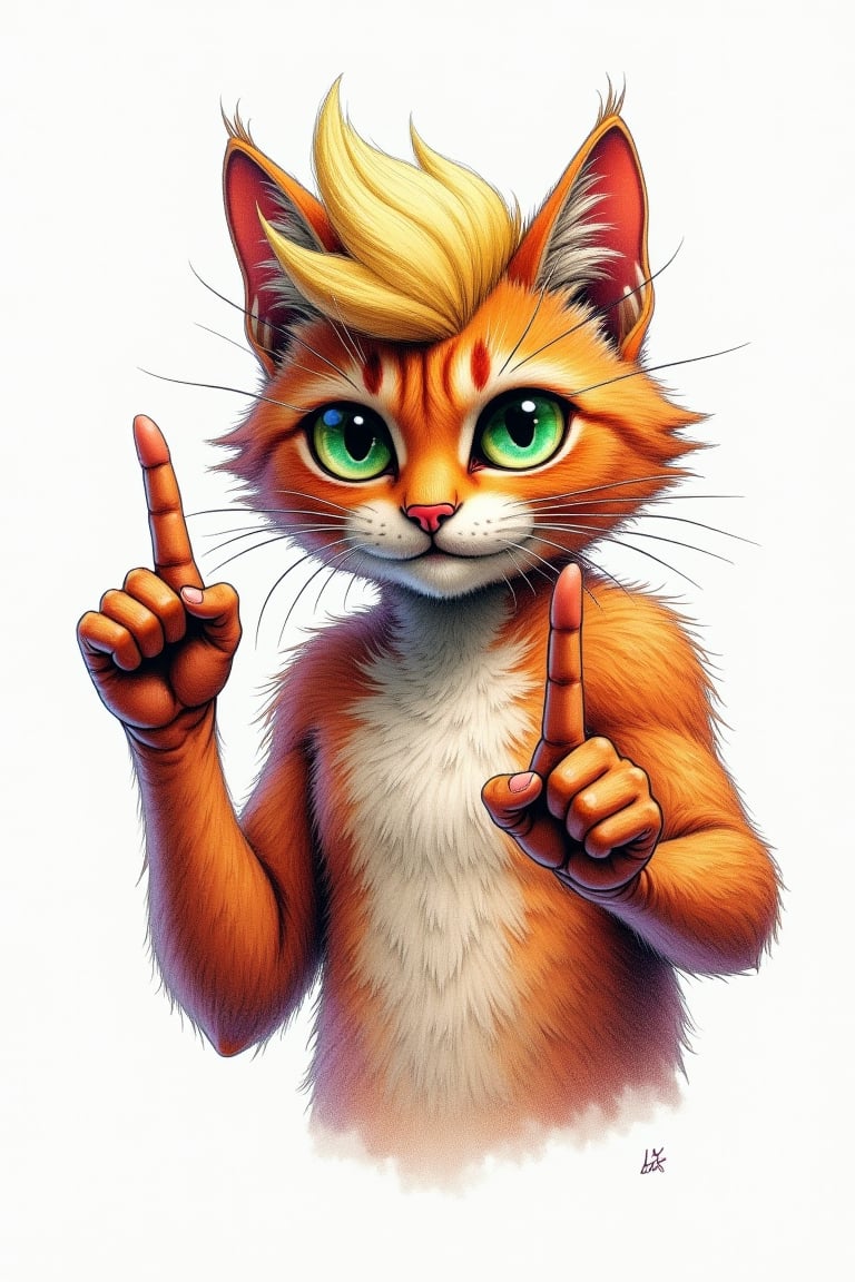 A vibrant, rough, and expressive color pencil sketch in a retro style, depicting a humanoid cat with two hands, proudly showcasing a defiant gesture, giving the middle finger. The cat's body is rendered in a mesmerizing blend of natural tones, while its eyes gleam with a piercing, emerald green. The hands, detailed and accurate, are drawn with bold lines and subtle shading, emphasizing the rebellious attitude. The background is a pristine white. The overall aesthetic is a fusion of psychedelic rock posters and modern comic book art, with bold, saturated colors and loose, dark expressive lines, the character with hair similar to Donald Trumps hair style with blonde hair on its head.