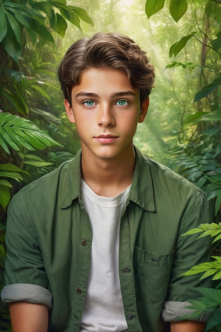 "Create a timeless AI art piece featuring a serene majestical scene of a beautiful brunette with bright green eyes and deep tan coloring young male teen surrounded by lush foliage looking at the viewer, full body shown."
,fire element