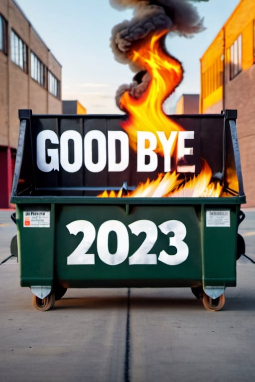 typography "good bye to 2023" realistic flames, dumpster fire