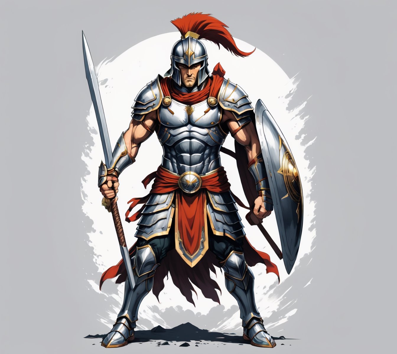 anime, spartan warrior, full view ultra wide angle view, (centered on a white background), T-shirt design illustration, photo r3al, T-shirt design illustration, on a white background, more detail XL, 