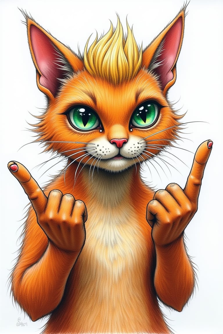 A vibrant, rough, and expressive color pencil sketch in a retro style, depicting a humanoid cat with two hands, proudly showcasing a defiant gesture, giving the middle finger. The cat's body is rendered in a mesmerizing blend of natural tones, while its eyes gleam with a piercing, emerald green. The hands, detailed and accurate, are drawn with bold lines and subtle shading, emphasizing the rebellious attitude. The background is a pristine white. The overall aesthetic is a fusion of psychedelic rock posters and modern comic book art, with bold, saturated colors and loose, dark expressive lines, the character with hair similar to Donald Trumps hair style with blonde hair on its head.