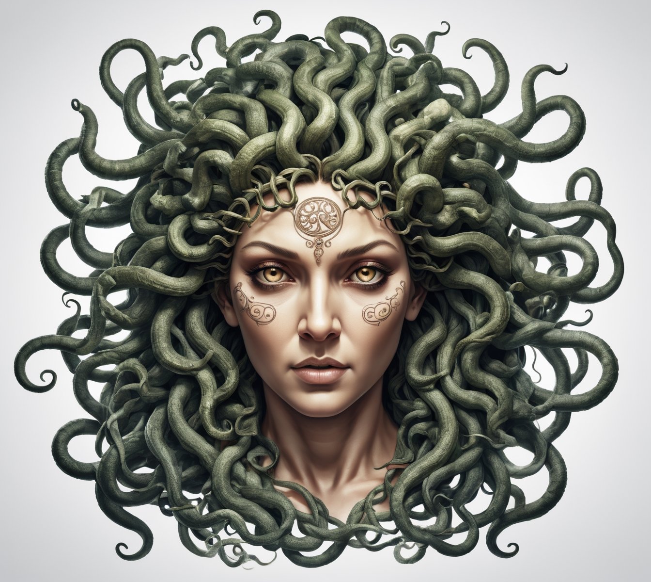 4k detail, medusa, full view wide angle view, (centered on a white background), T-shirt design illustration, photo r3al, T-shirt design illustration, on a white background, more detail XL, 