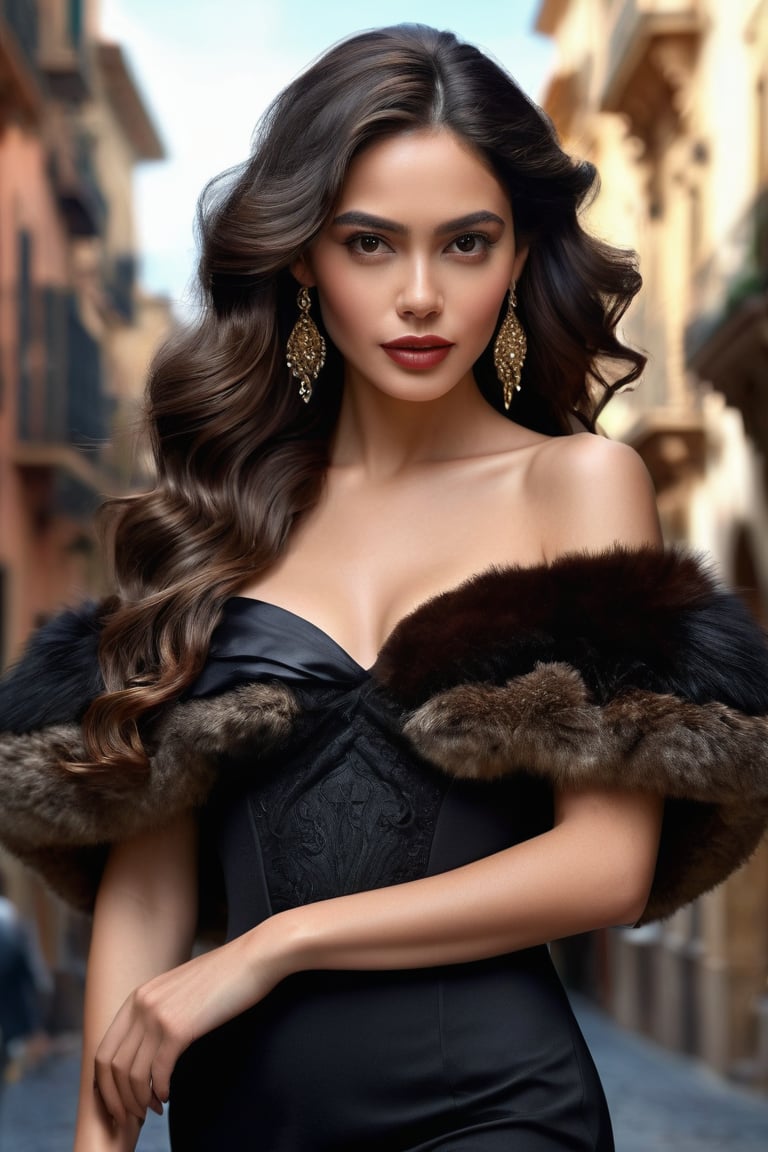 best quality, masterpiece,								
The beautiful Colombian model, her long wavy dark brown hair flowing elegantly, perfectly embodies the intertwining of Art Nouveau's flowing lines with Gothic's enigmatic depth, all while donning a fashionable tight off-the-shoulder black dress. This contemporary piece is artfully paired with a fur trim capelet, adding a touch of opulence. Her look is further elevated by sophisticated fashion accessories, making her the epitome of a glamorous Hollywood star, seamlessly blending historical elegance with modern flair.
ultra realistic illustration,siena natural ratio, by Ai Pic 3D,	16K, (HDR:1.4), high contrast, bokeh:1.2, lens flare,	head to toe,	digital art, ultra hd, realistic, vivid colors, extremely detailed, photography, ultra hd, realistic, vivid colors, highly detailed, UHD, perfect composition, beautiful detailed intricate insanely detailed octane render trending on artstation, 8k artistic photography, photorealistic concept art, soft natural volumetric cinematic perfect light. unclad full body view