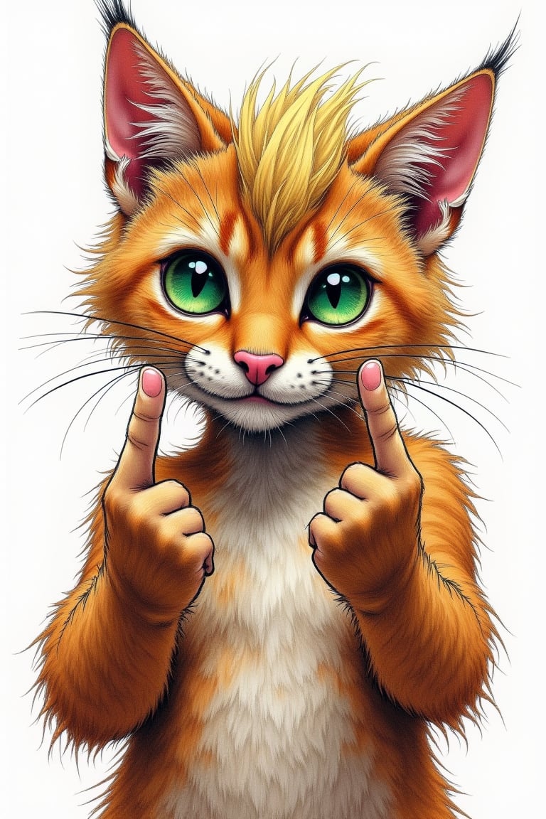 A vibrant, rough, and expressive color pencil sketch in a retro style, depicting a humanoid cat with two hands, proudly showcasing a defiant gesture, giving the middle finger. The cat's body is rendered in a mesmerizing blend of natural tones, while its eyes gleam with a piercing, emerald green. The hands, detailed and accurate, are drawn with bold lines and subtle shading, emphasizing the rebellious attitude. The background is a pristine white. The overall aesthetic is a fusion of psychedelic rock posters and modern comic book art, with bold, saturated colors and loose, dark expressive lines, the character with hair similar to Donald Trumps hair style with blonde hair on its head.