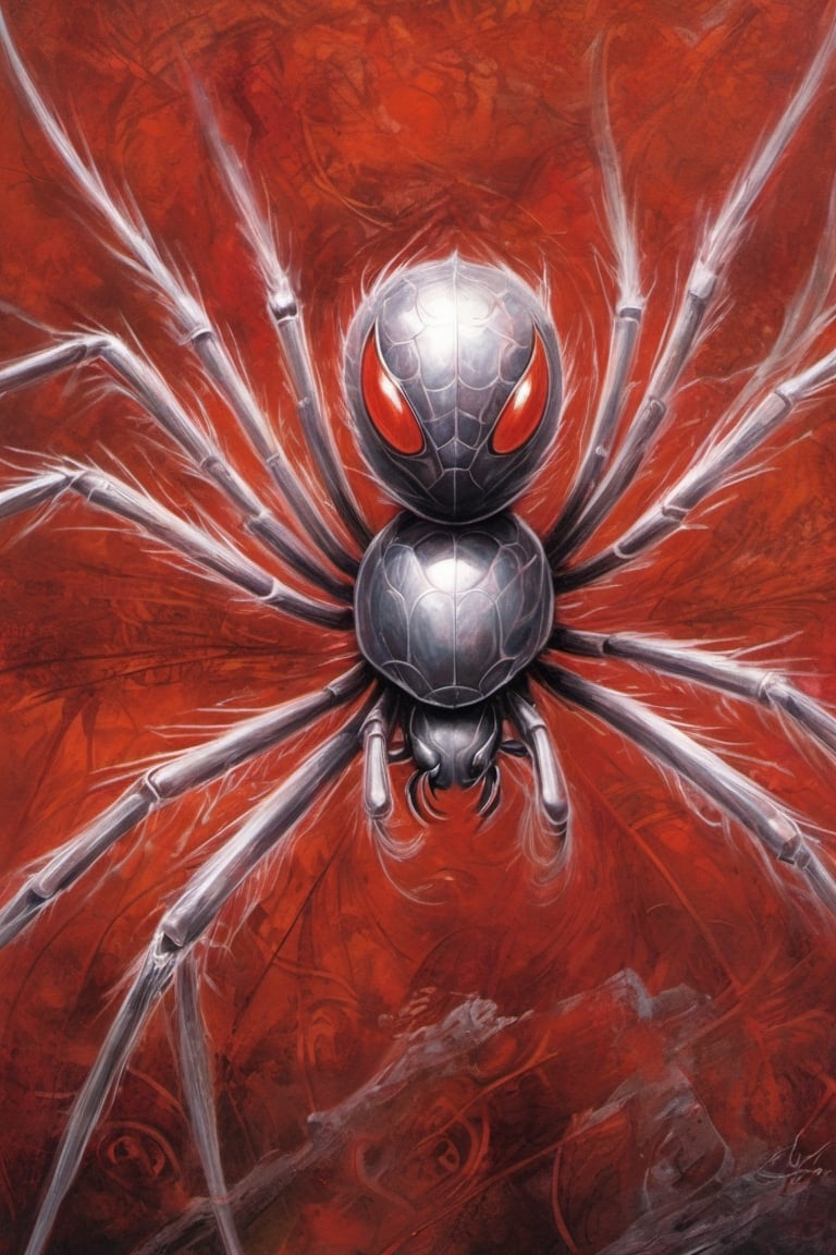 an ultra cartoon,metallic spiders with soulful, front portrait, close look, silverpoint, pen and ink, black and red chalk sanguine, sfumato technique, KidsIllustration, cool environment, cool background, extremly detailed, by Hajime Sorayama, by Henry Asenci, by (Quentin Blake:0.5), saturated