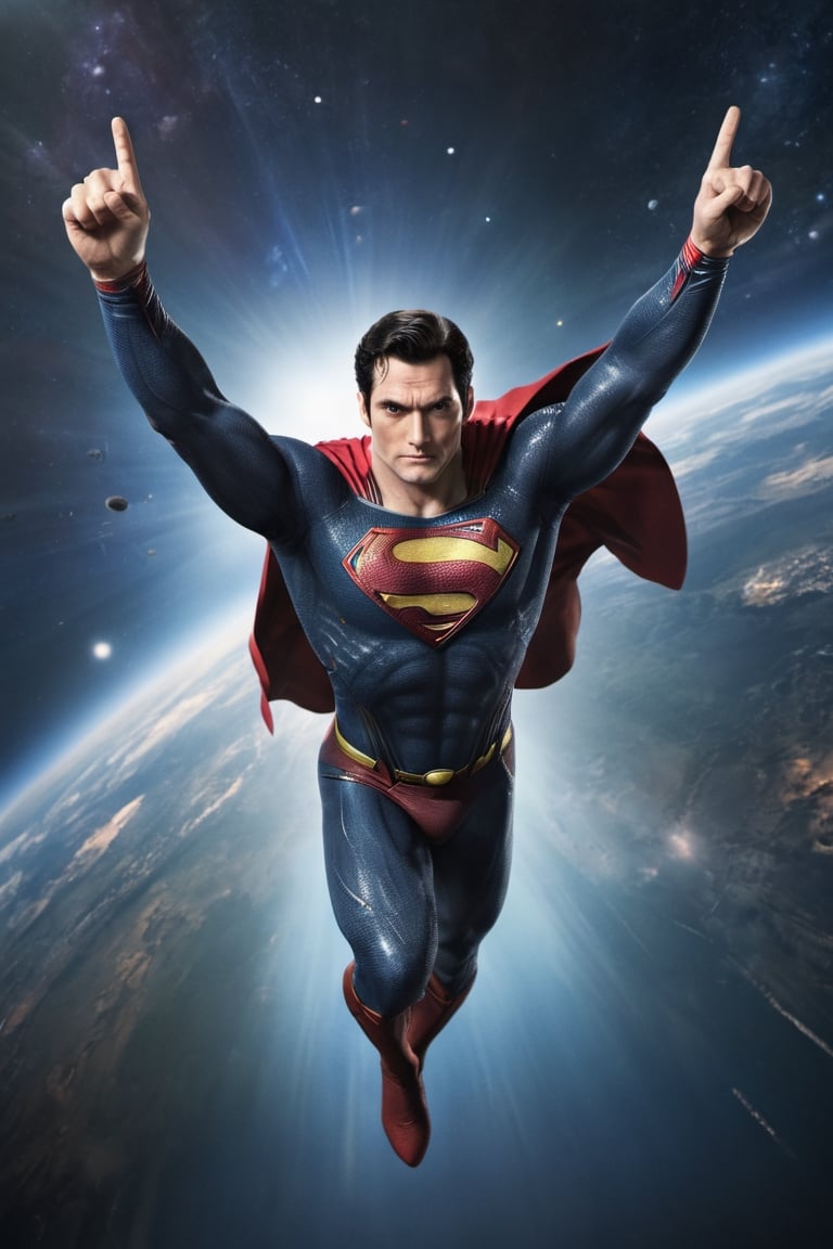 the superman flying through the space, front view
