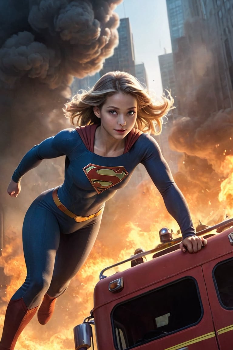 ink art with a, supergirl centered in the image, on a fire truck scene to match, accurate details,Dramatic_penis