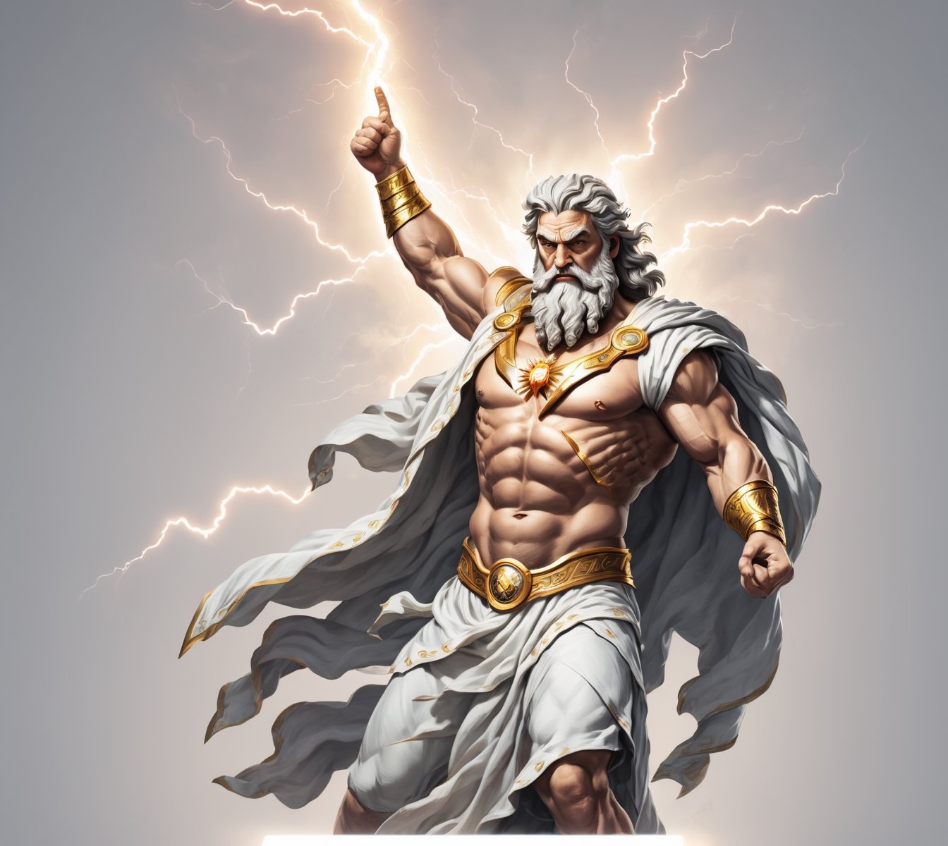 4k detail, god zeus, standing with a lightning bolt in his hand, full view wide angle view, (centered on a white background), T-shirt design illustration, photo r3al, T-shirt design illustration, on a white background, more detail XL, 