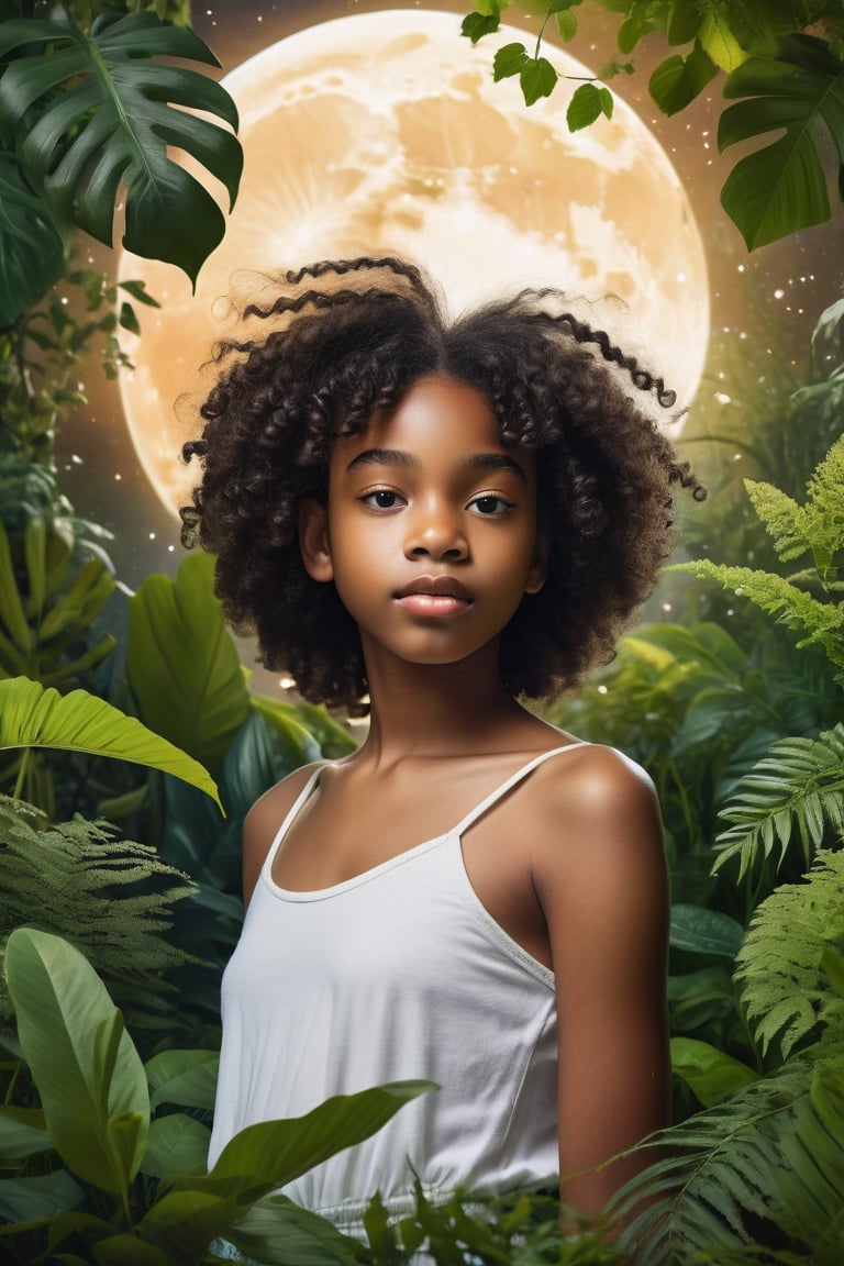 "Create a celestial style featuring a serene majestical scene of a beautiful young black teen with, teen surrounded by lush foliage looking at the viewer, in a full body shown." 
