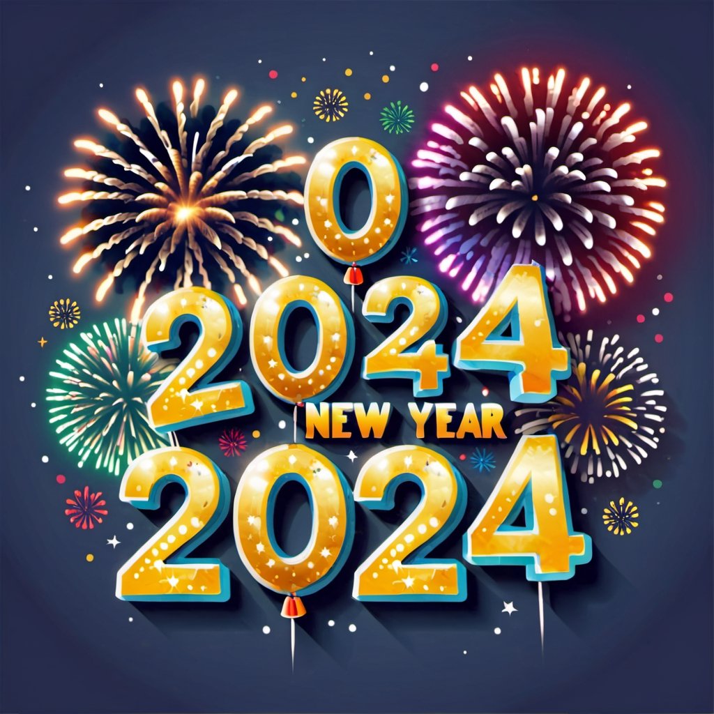 typography "2024 happy new year" and fireworks