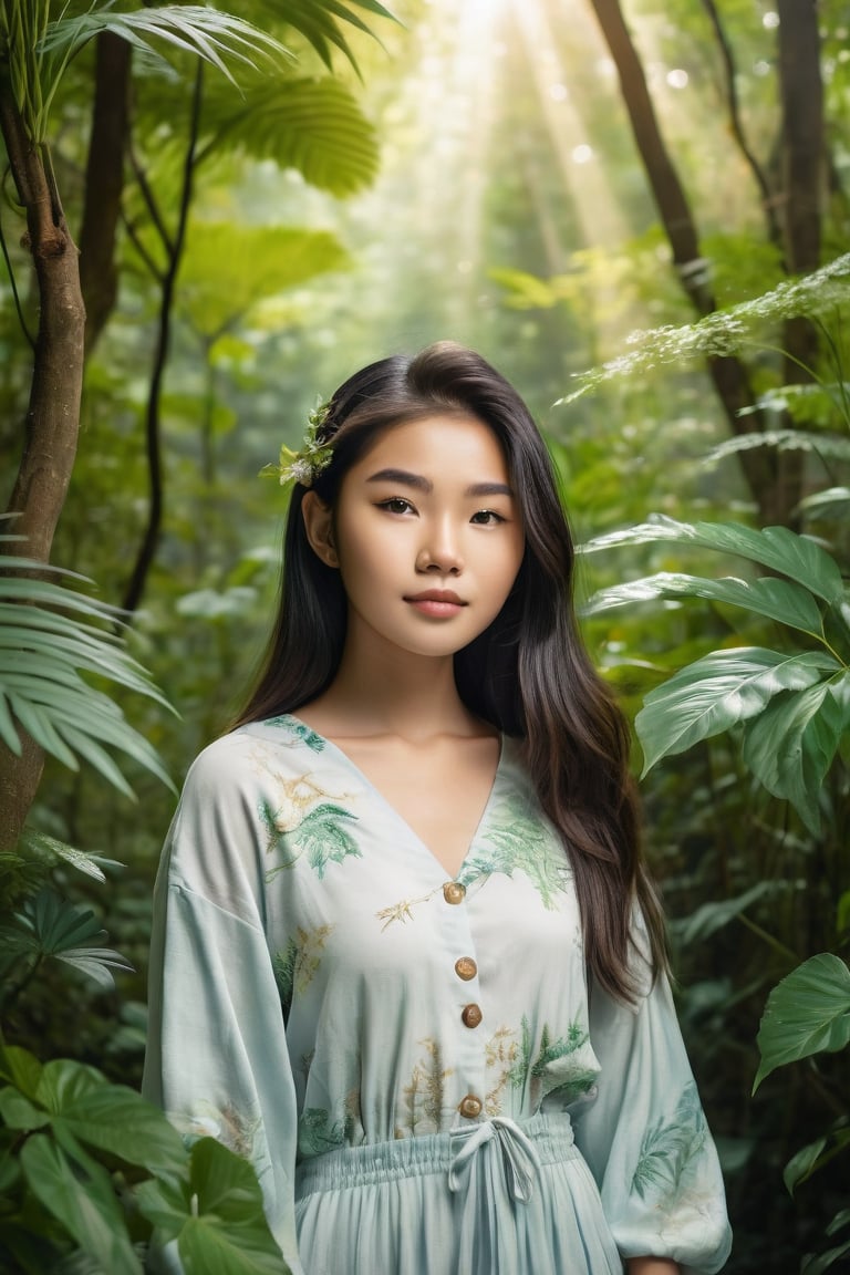 "Create a celestial style featuring a serene majestical scene of a beautiful young asian teen with, teen surrounded by lush foliage looking at the viewer, in a full body shown." 
