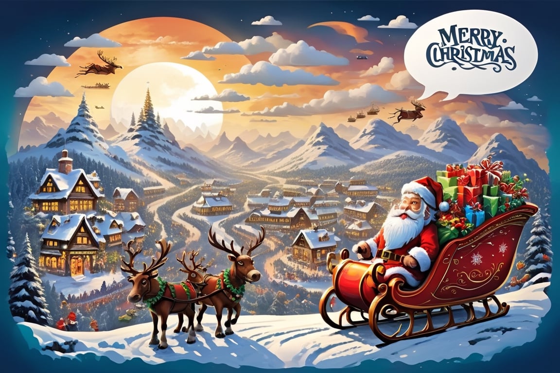 Christmas sleigh, Santa' sleigh, (((speech bubble forms the word: "Merry Christmas"))), Christmas town in the mountain background.